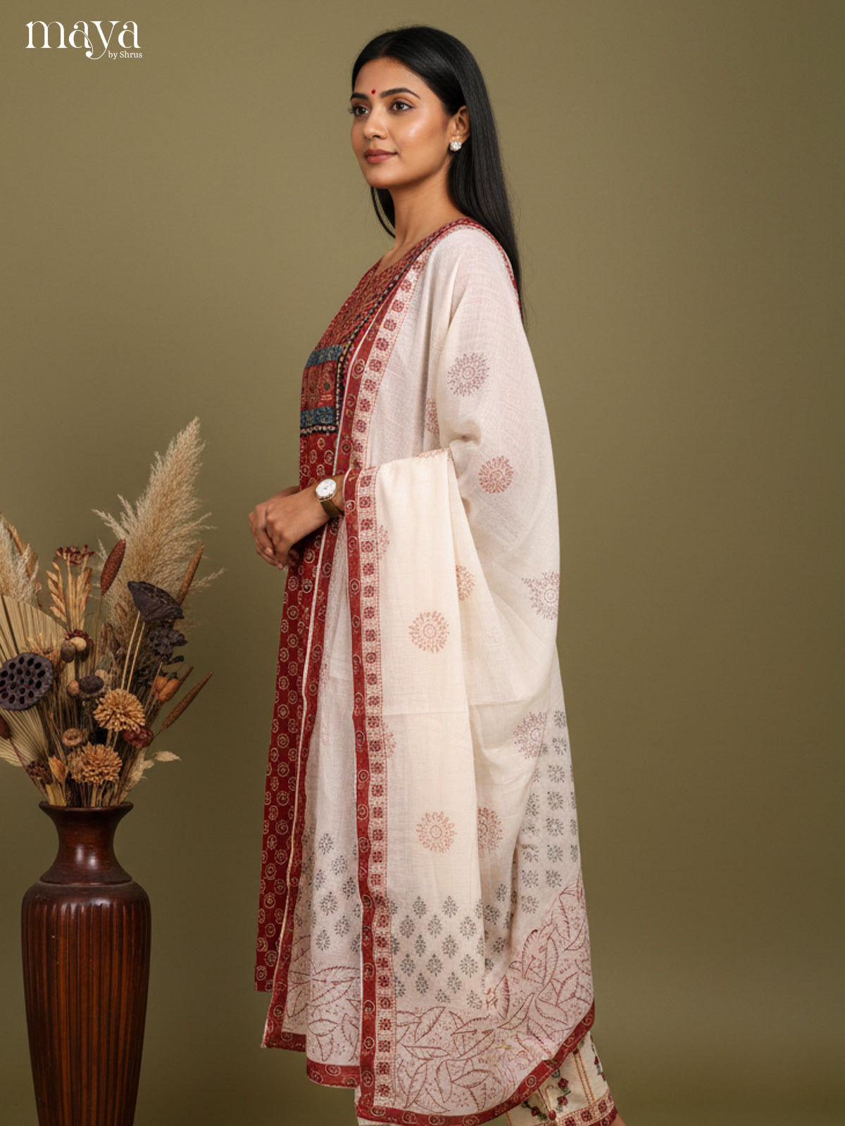 Chic Maroon Floral Printed Cotton Salwar Suit Set With White Dupatta