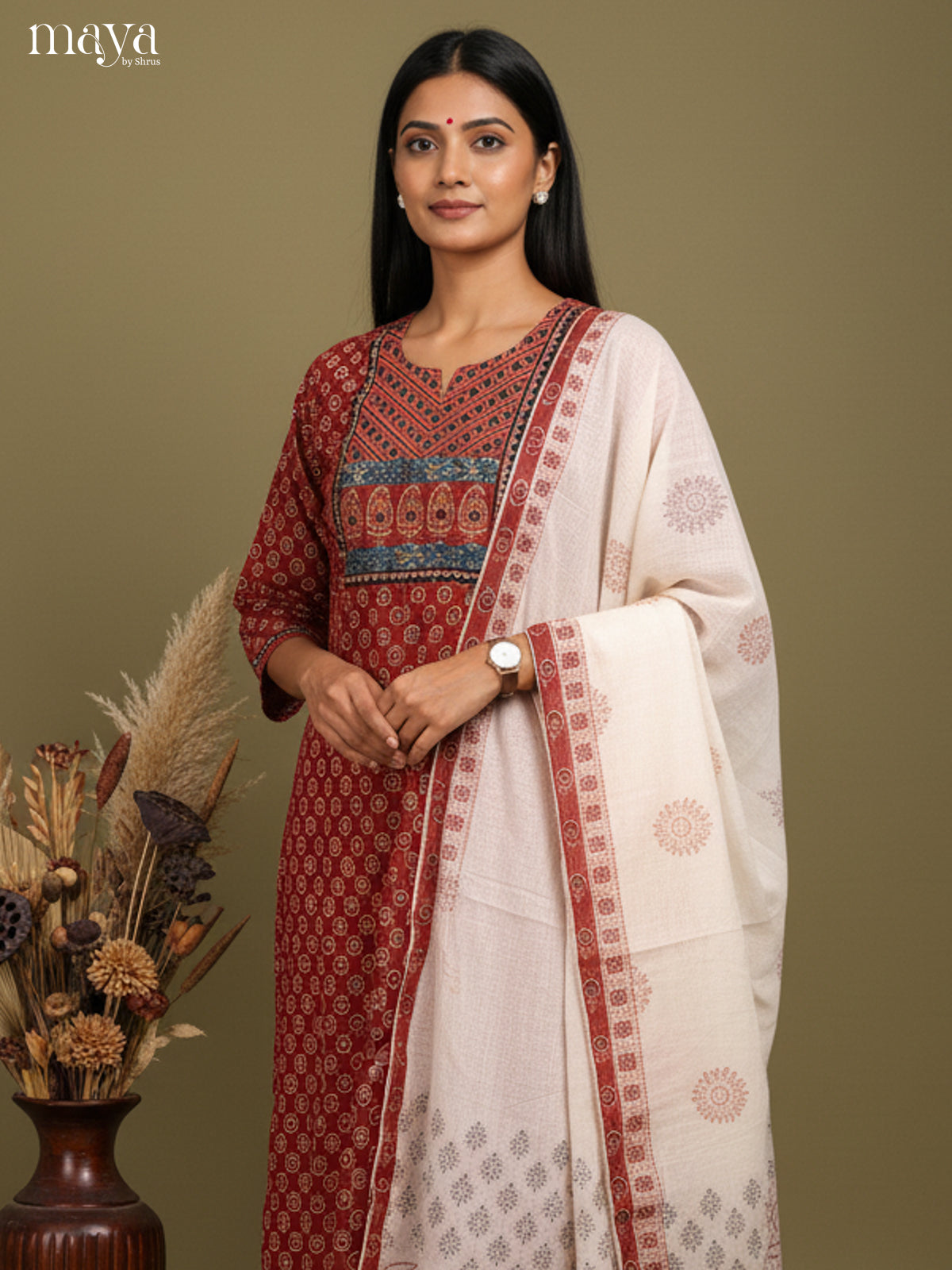 Chic Maroon Floral Printed Cotton Salwar Suit Set With White Dupatta