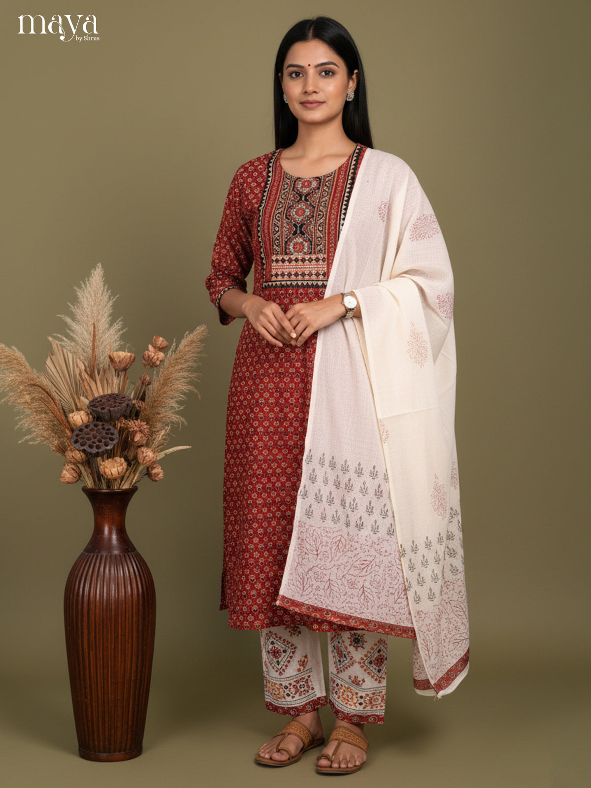 Elegant Maroon Floral Printed Cotton Salwar Suit Set With White Dupatta