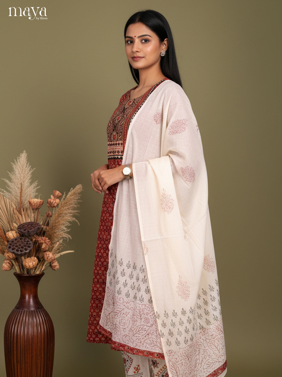 Elegant Maroon Floral Printed Cotton Salwar Suit Set With White Dupatta