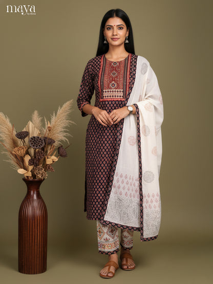 Classic Black Floral Printed Cotton Salwar Suit Set With White Dupatta