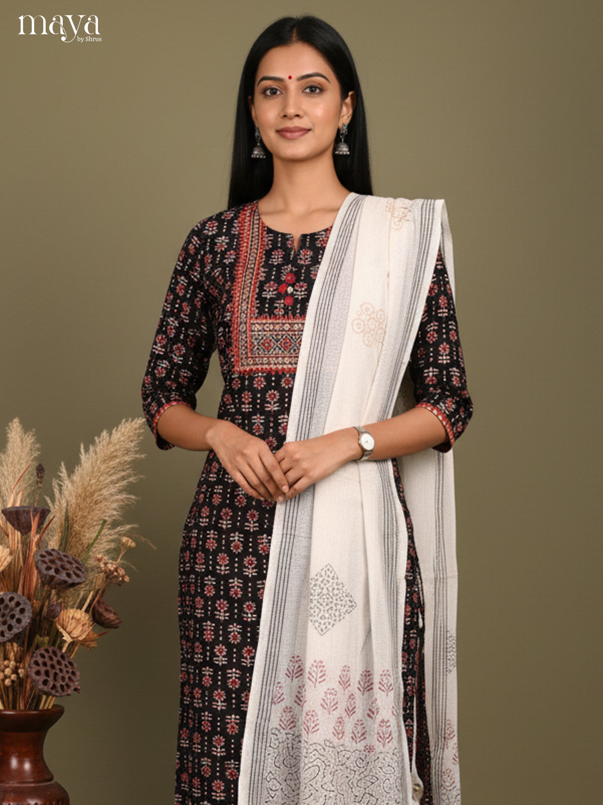 Sophisticated Black Floral Printed Cotton Salwar Suit Set With White Dupatta