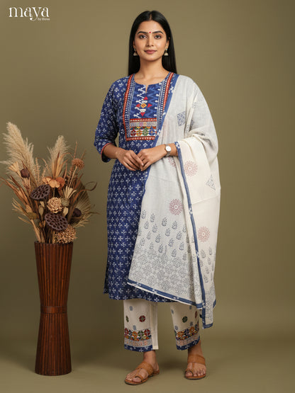 Majestic Indigo Readymade Salwar Set with Yoke Neck & White Dupatta