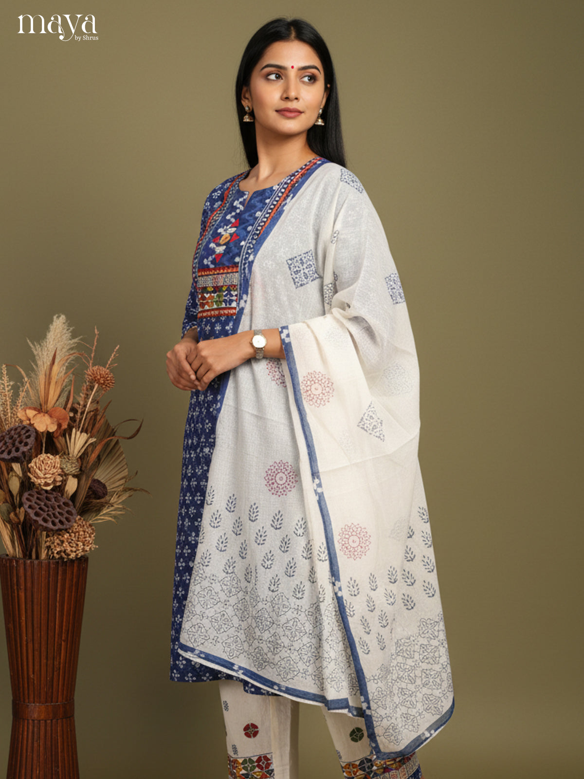 Majestic Indigo Readymade Salwar Set with Yoke Neck & White Dupatta