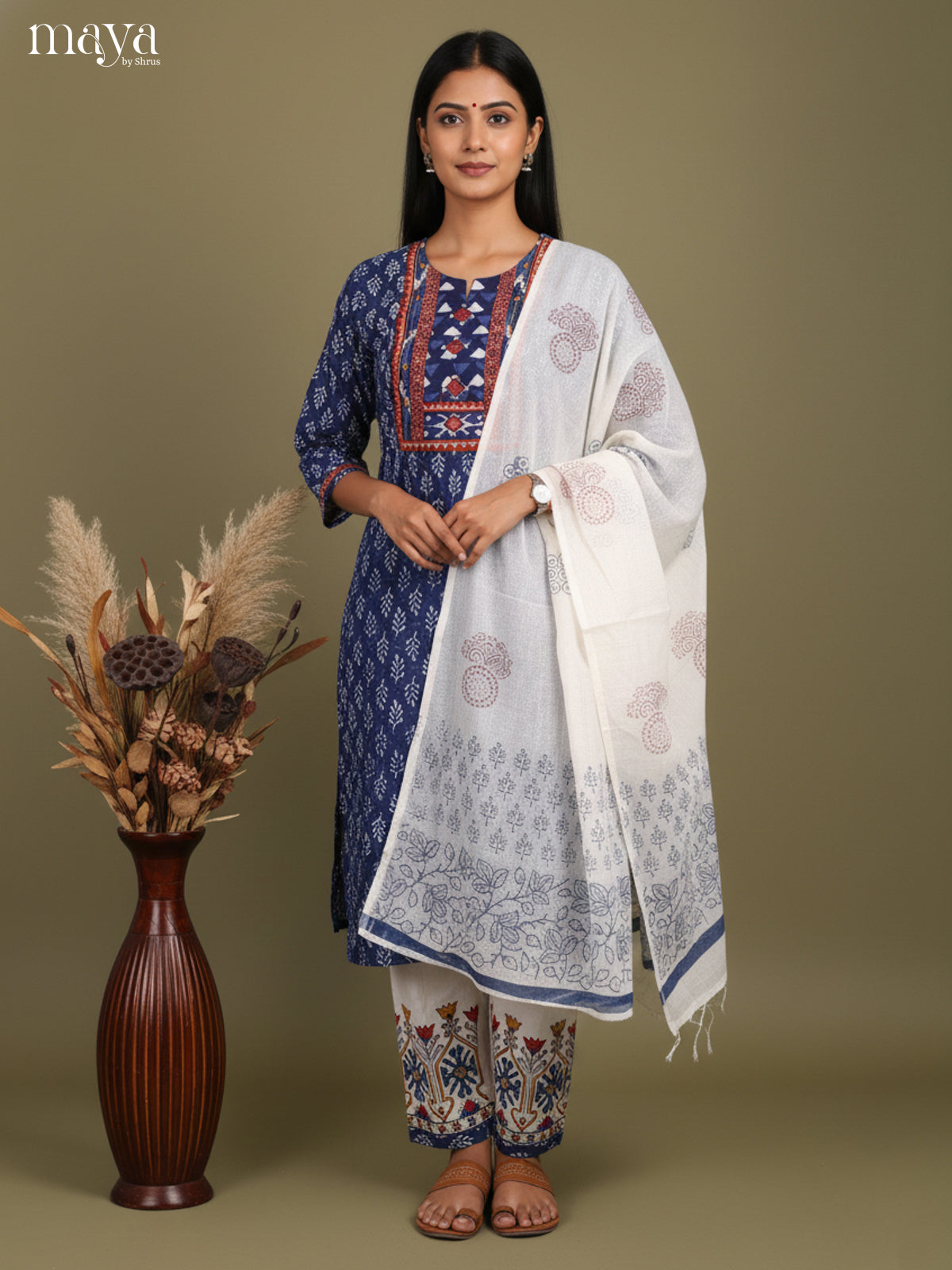 Elegant Indigo Readymade Salwar Set with Yoke Neck & White Dupatta