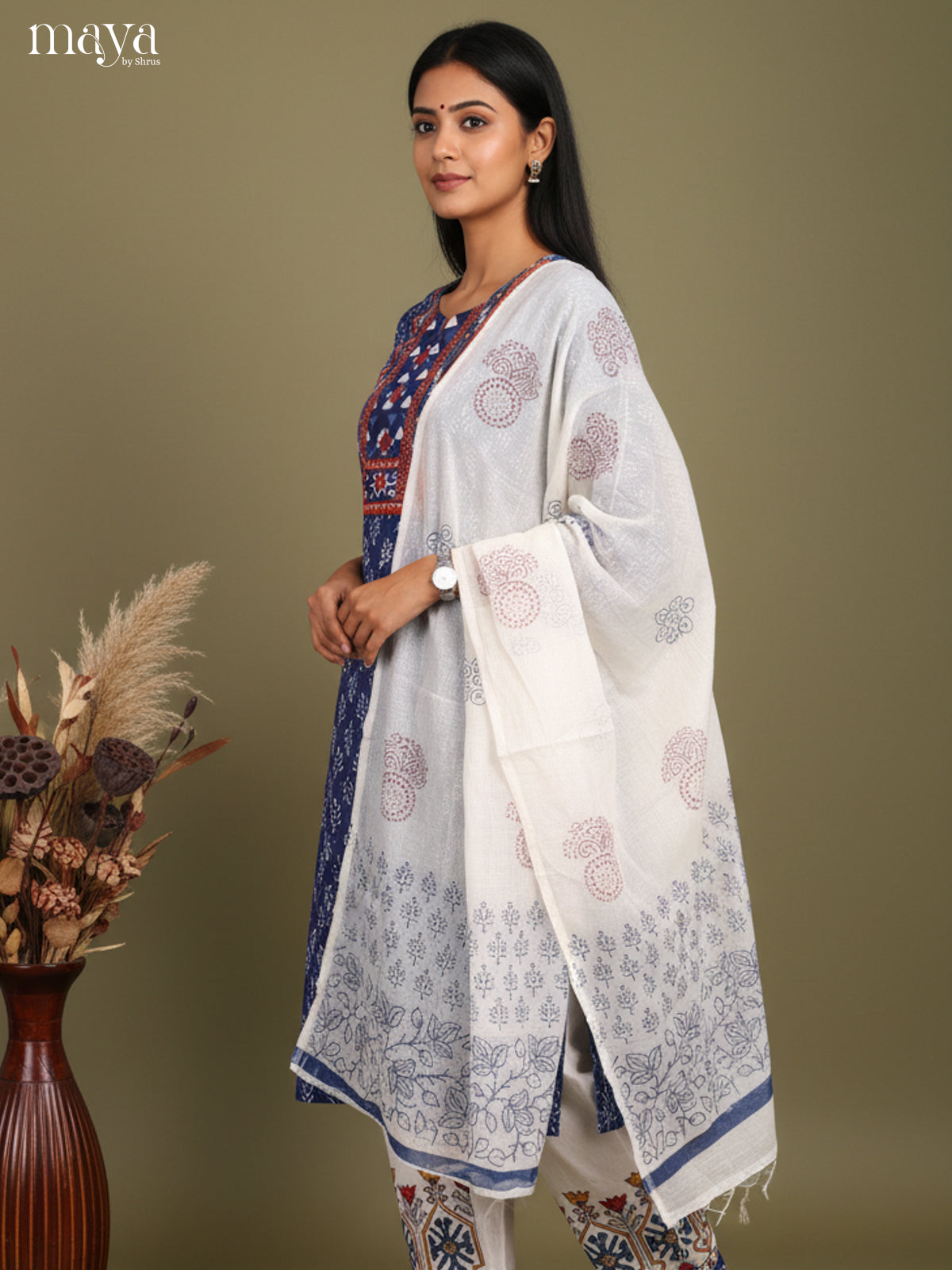 Elegant Indigo Readymade Salwar Set with Yoke Neck & White Dupatta