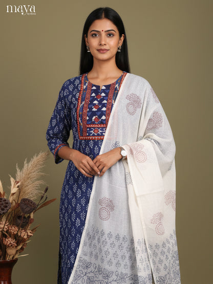 Elegant Indigo Readymade Salwar Set with Yoke Neck & White Dupatta
