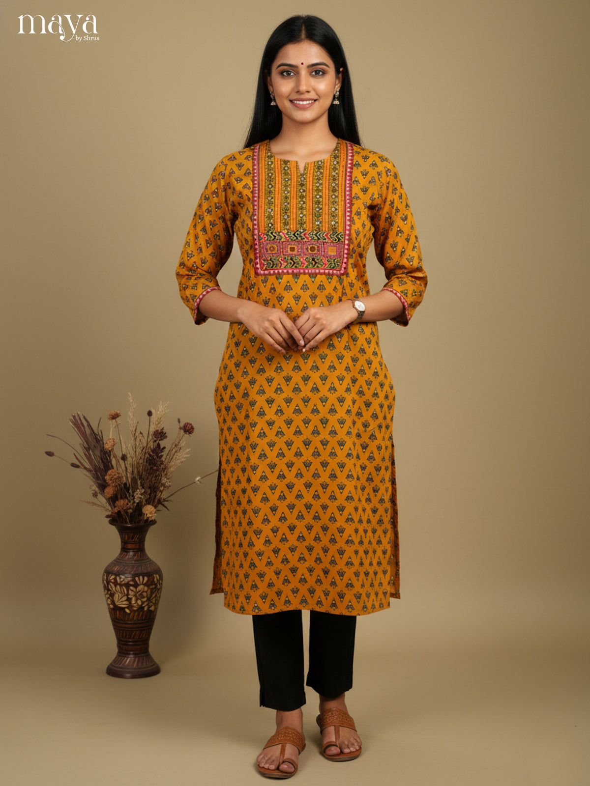 Chic Mustard Cotton Readymade Kurti With Ajrakh Prints & Yoke Neck 2