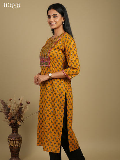 Chic Mustard Cotton Readymade Kurti With Ajrakh Prints & Yoke Neck