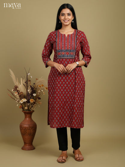 Exquisite Maroon Cotton Readymade Kurti With Yoke Neck