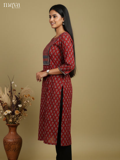 Exquisite Maroon Cotton Readymade Kurti With Yoke Neck