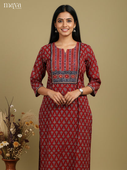 Exquisite Maroon Cotton Readymade Kurti With Yoke Neck