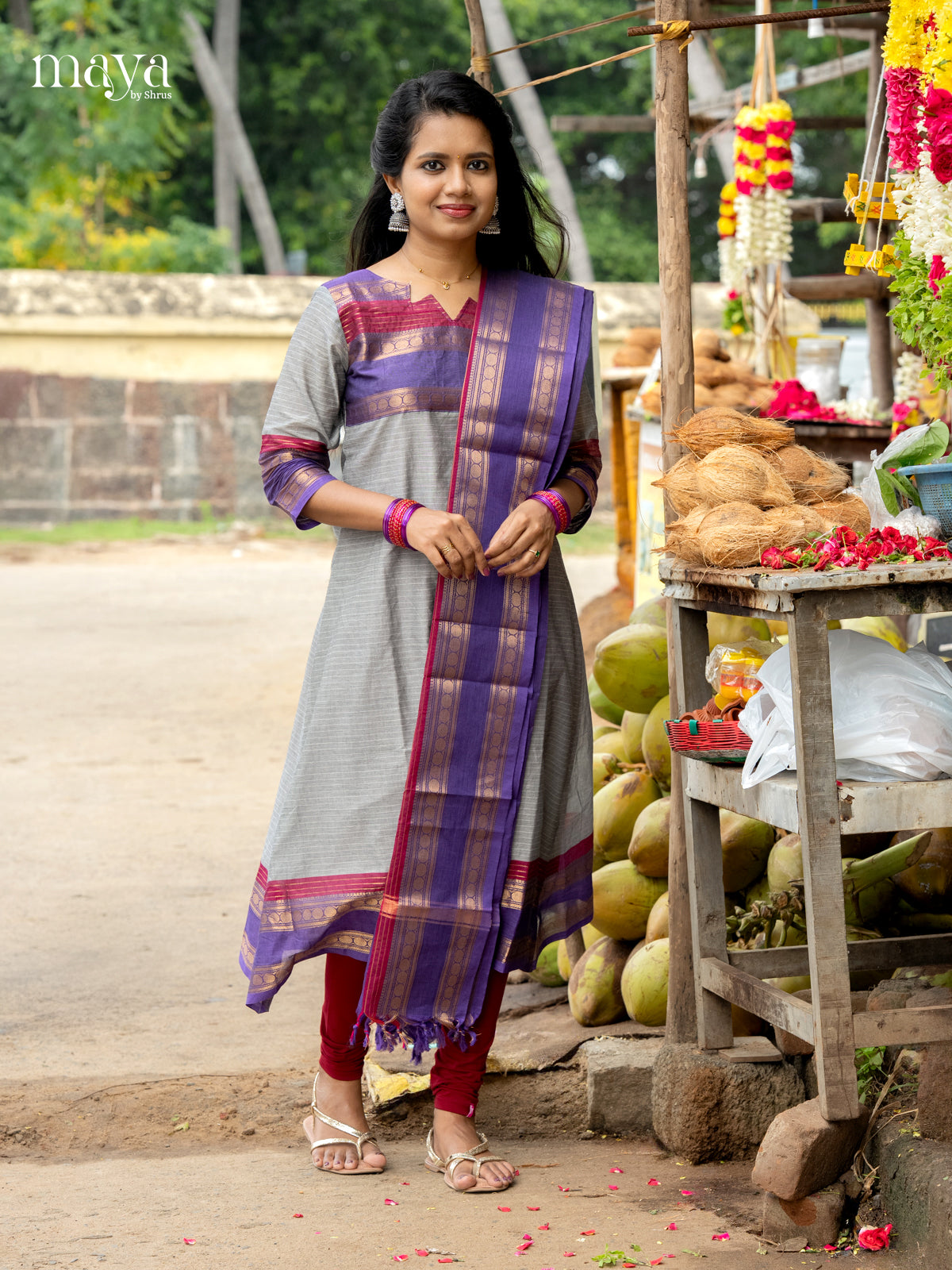 Pretty Grey & Blue Chettinad Cotton Readymade Salwar Set with Dupatta 3