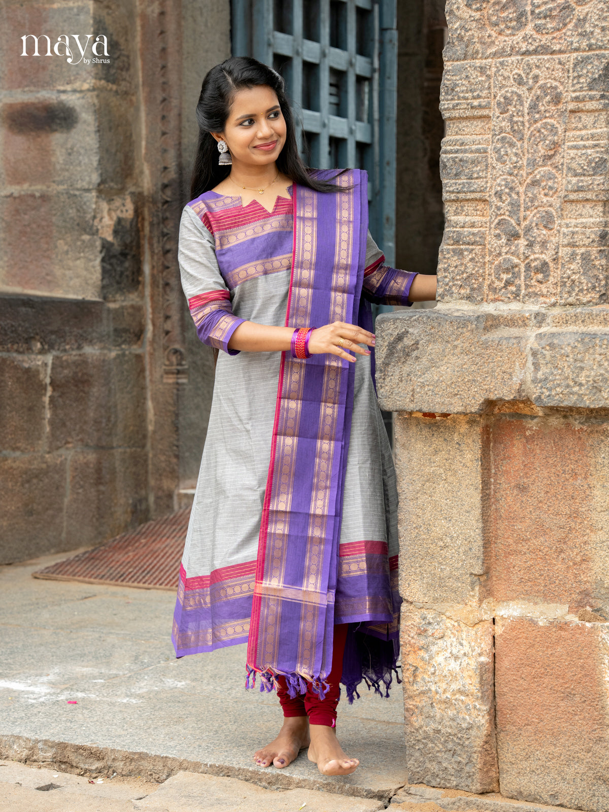 Pretty Grey & Blue Chettinad Cotton Readymade Salwar Set with Dupatta 1
