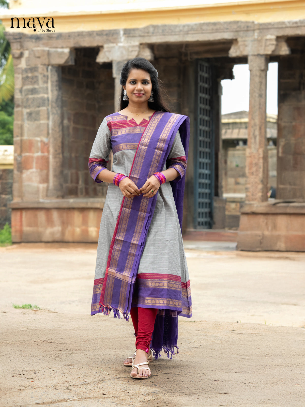 Pretty Grey & Blue Chettinad Cotton Readymade Salwar Set with Dupatta 4