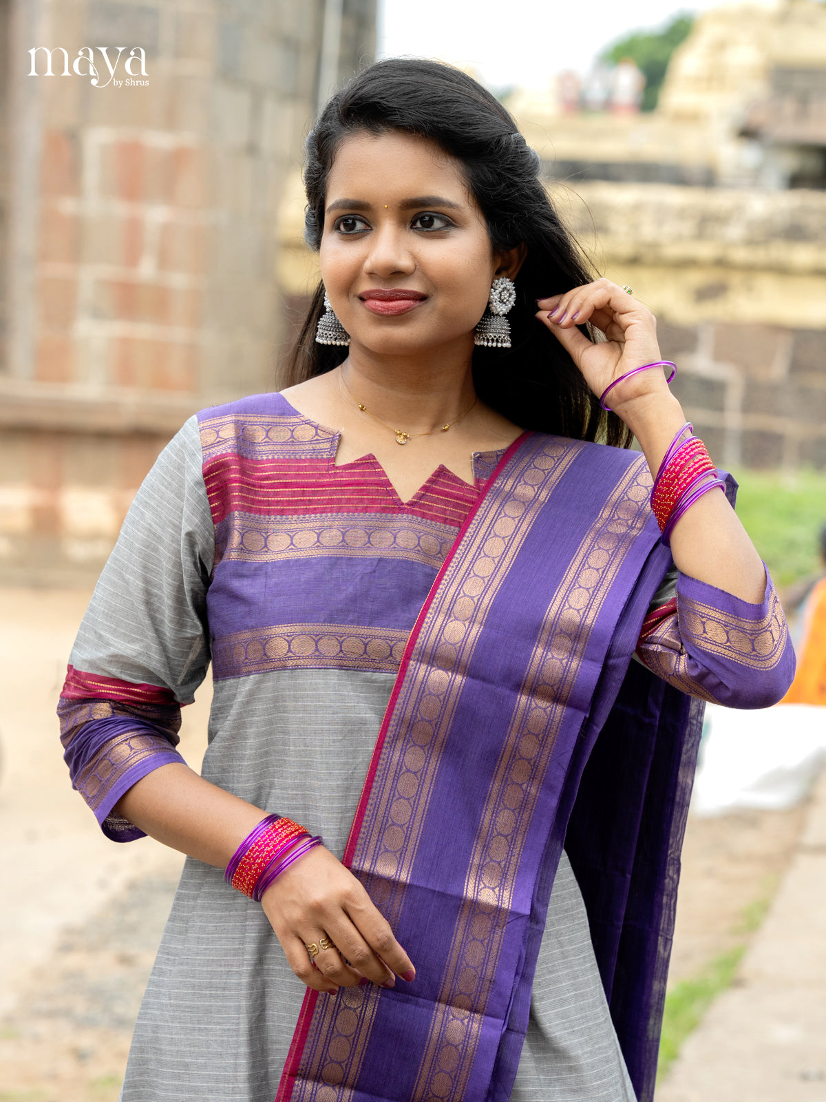 Pretty Grey & Blue Chettinad Cotton Readymade Salwar Set with Dupatta 2