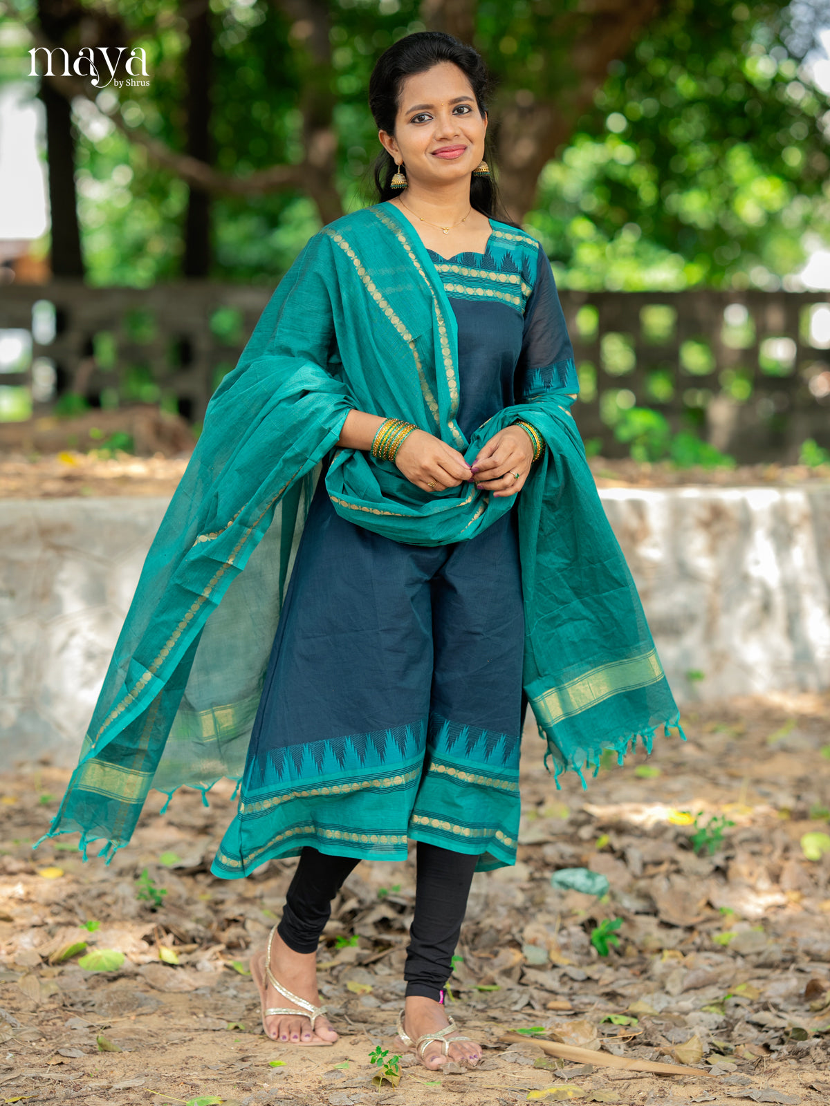 Graceful Blue & Teal Chettinad Cotton Readymade Straight Kurti Set With Dupatta 3