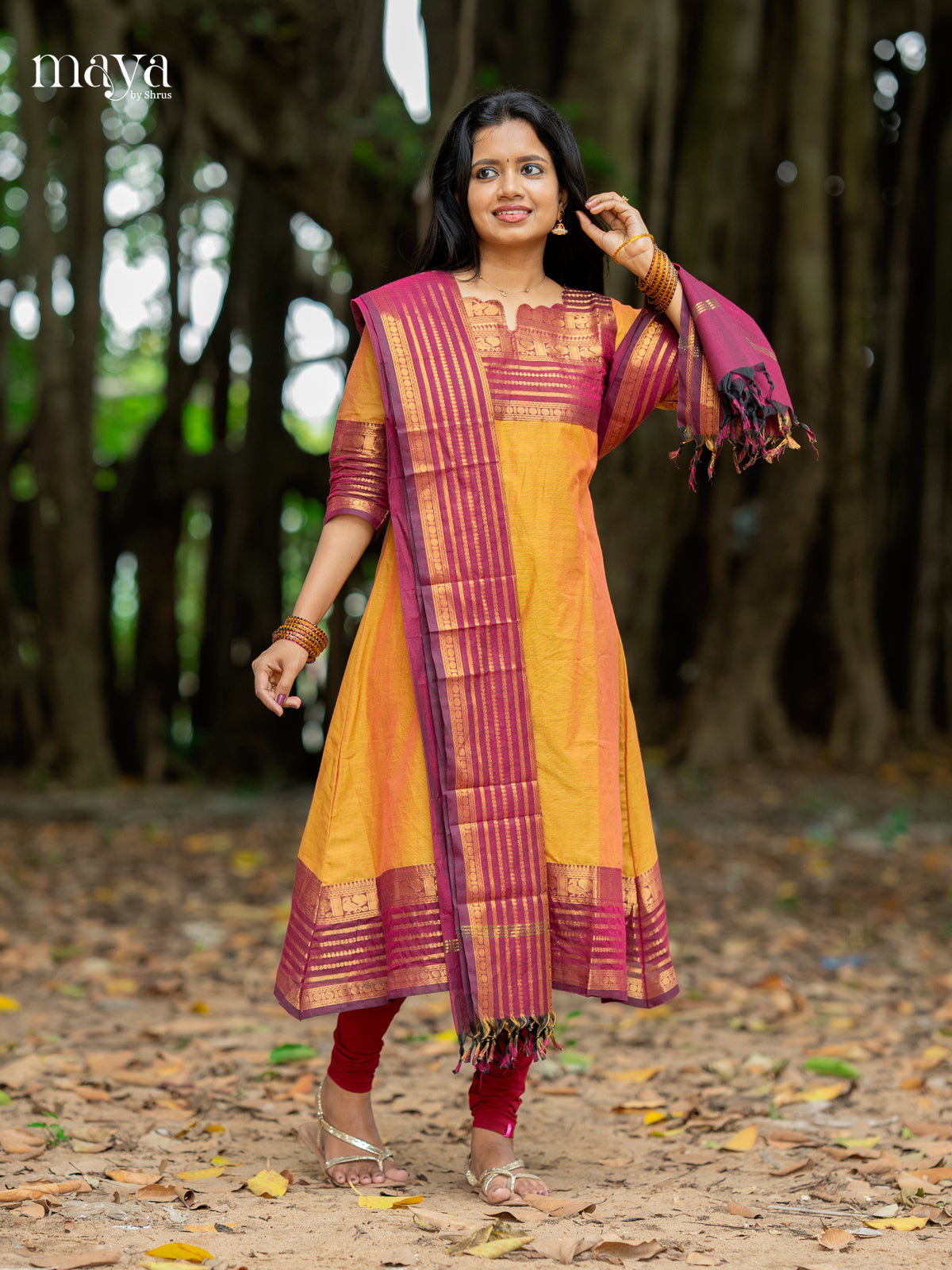Classy Mustard & Purple Chettinad Cotton Readymade Straight Kurti Set With Dupatta 4