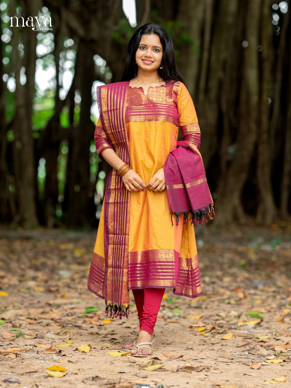 Classy Mustard & Purple Chettinad Cotton Readymade Straight Kurti Set With Dupatta