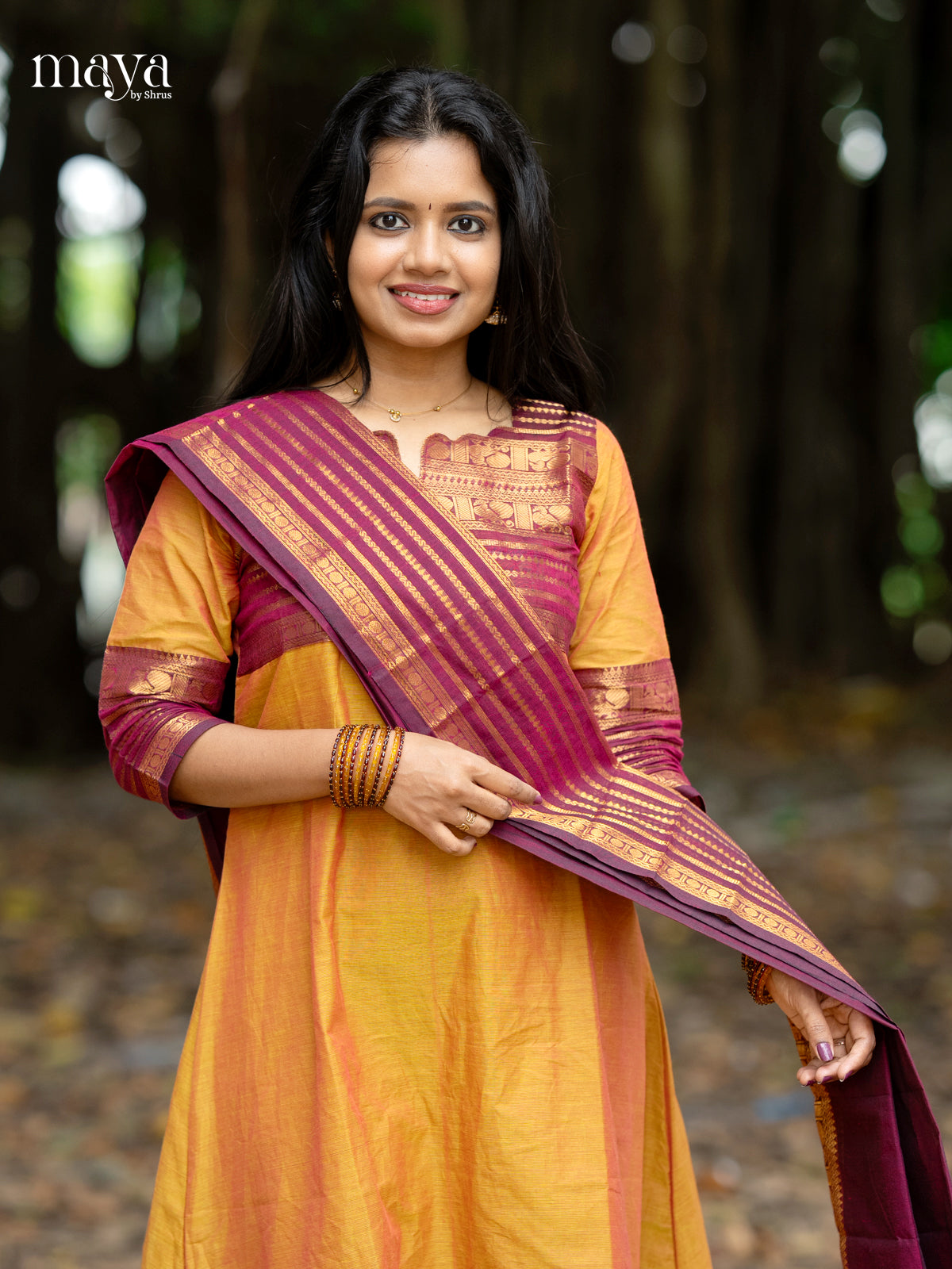 Classy Mustard & Purple Chettinad Cotton Readymade Straight Kurti Set With Dupatta 1