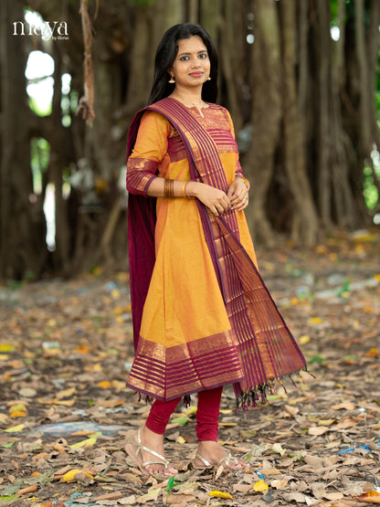 Classy Mustard & Purple Chettinad Cotton Readymade Straight Kurti Set With Dupatta 6
