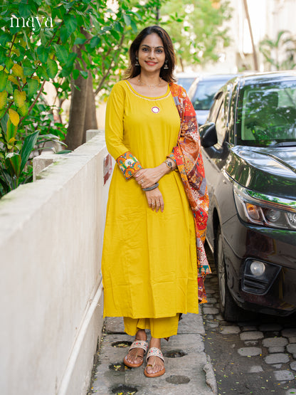 Cheerful Yellow Cotton Salwar Kurta Set With Printed Dupatta