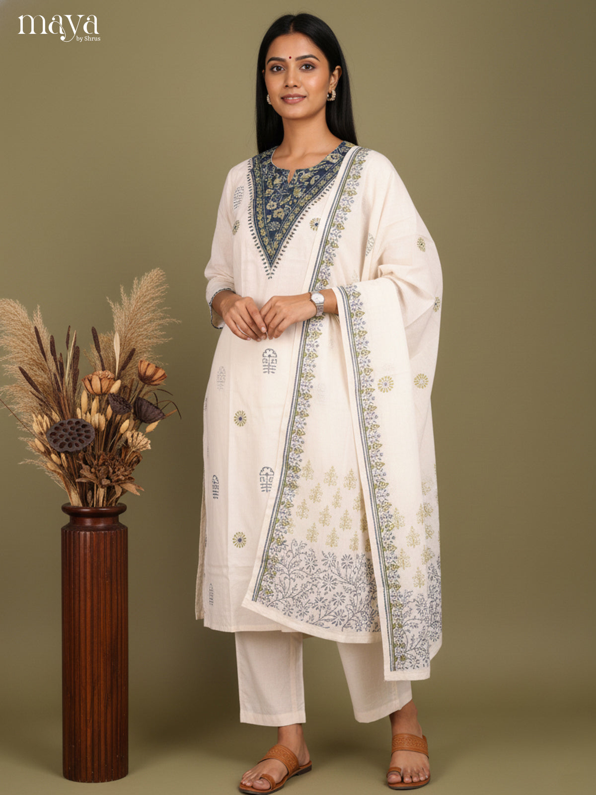 Cream & blue-Readymade 3 Piece with floral printed  & neck Yoke