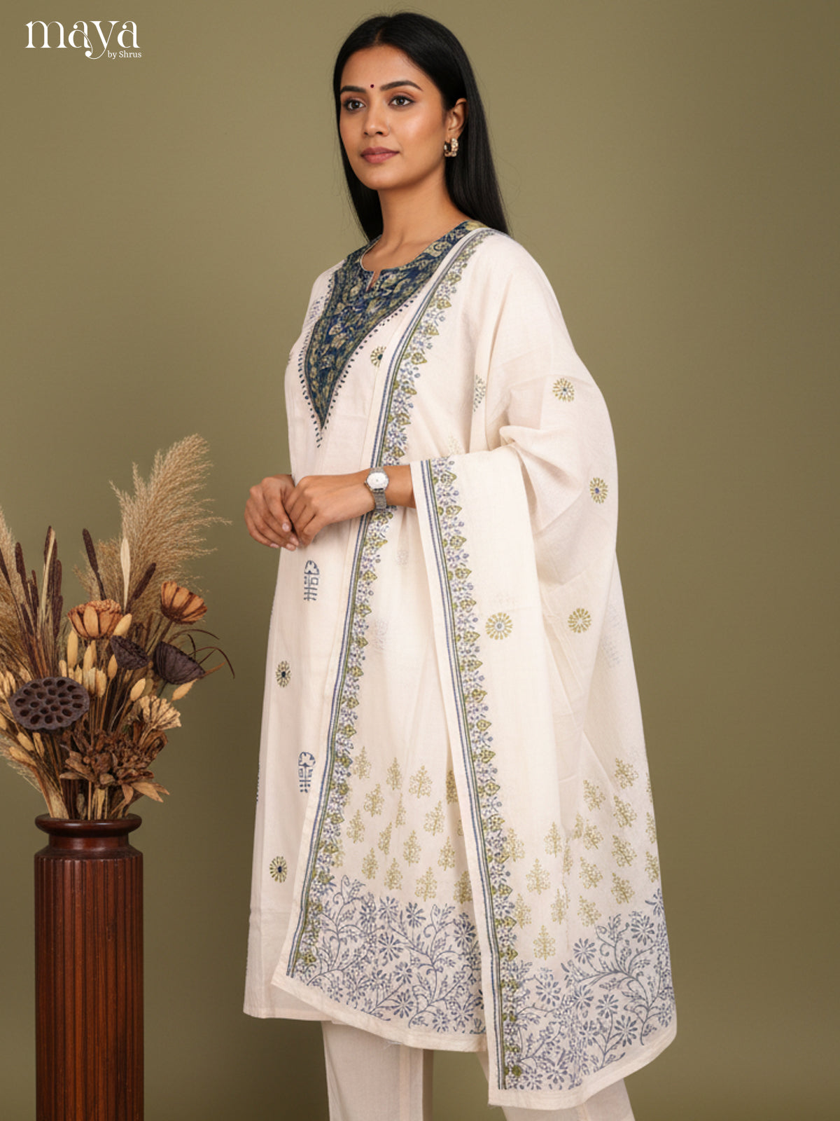 Cream & blue-Readymade 3 Piece with floral printed  & neck Yoke