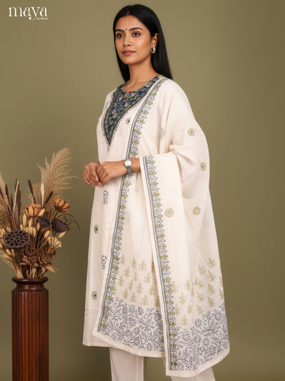Cream & blue-Readymade 3 Piece with floral printed  & neck Yoke