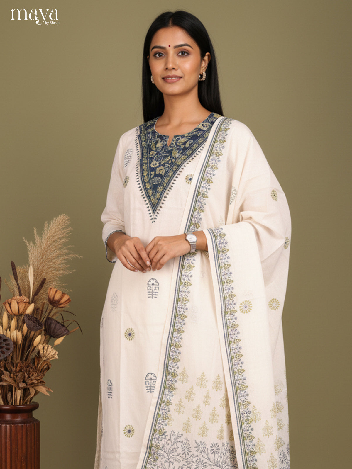 Cream & blue-Readymade 3 Piece with floral printed  & neck Yoke