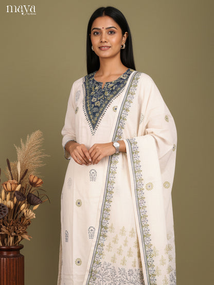 Cream & blue-Readymade 3 Piece with floral printed  & neck Yoke