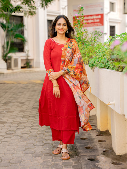 Stunning Red Cotton Salwar Kurta Set With Printed Dupatta