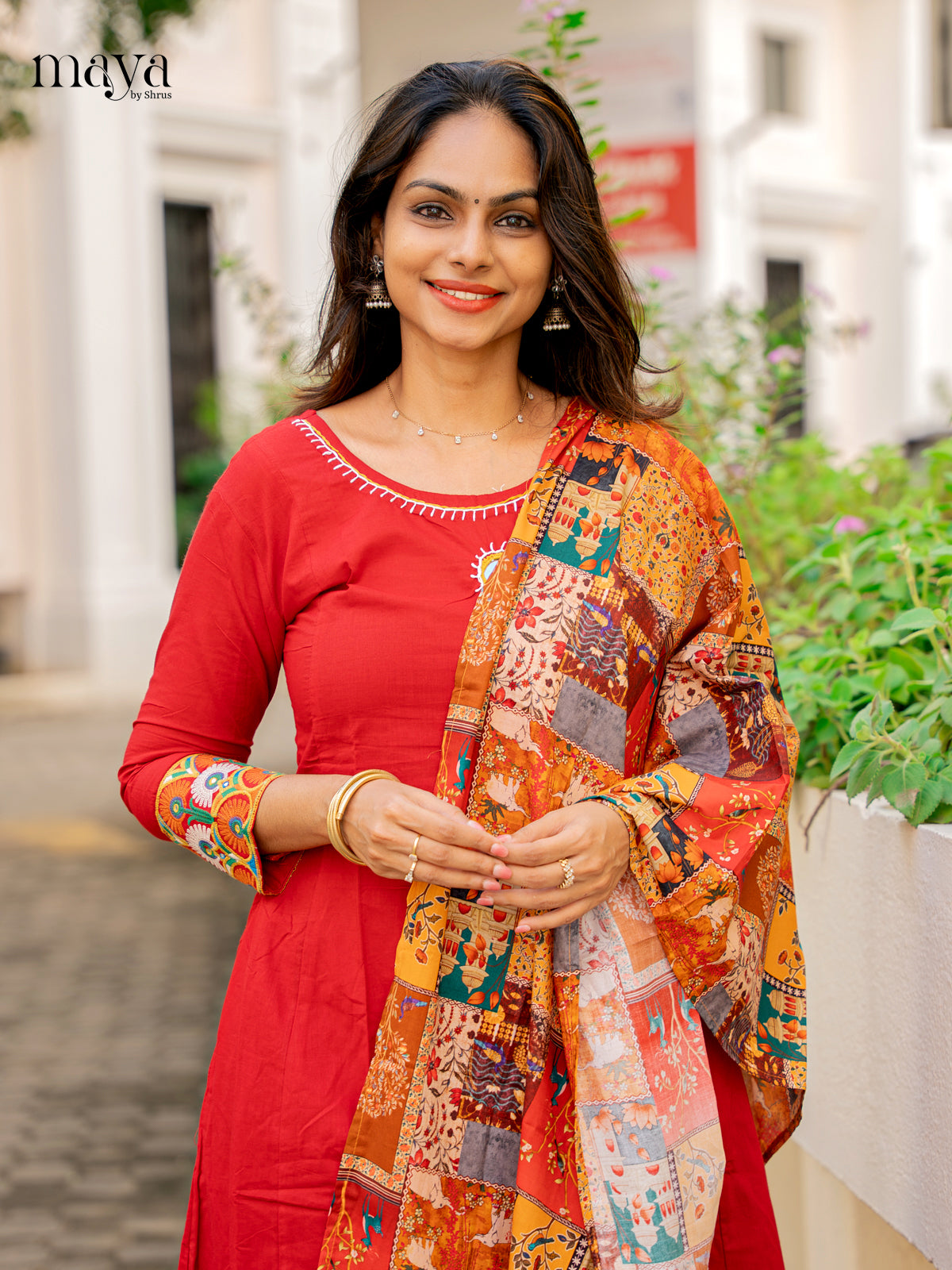 Stunning Red Cotton Salwar Kurta Set With Printed Dupatta