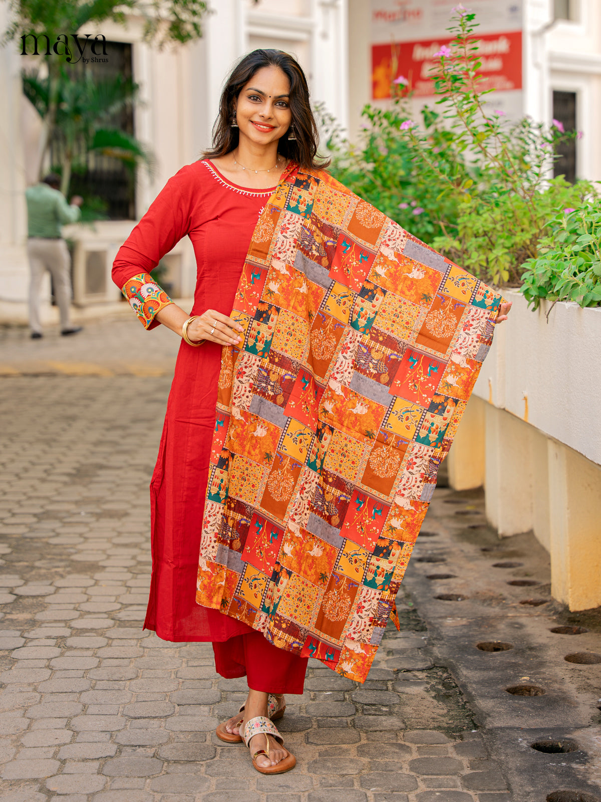 Stunning Red Cotton Salwar Kurta Set With Printed Dupatta