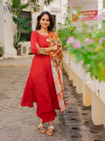 Stunning Red Cotton Salwar Kurta Set With Printed Dupatta