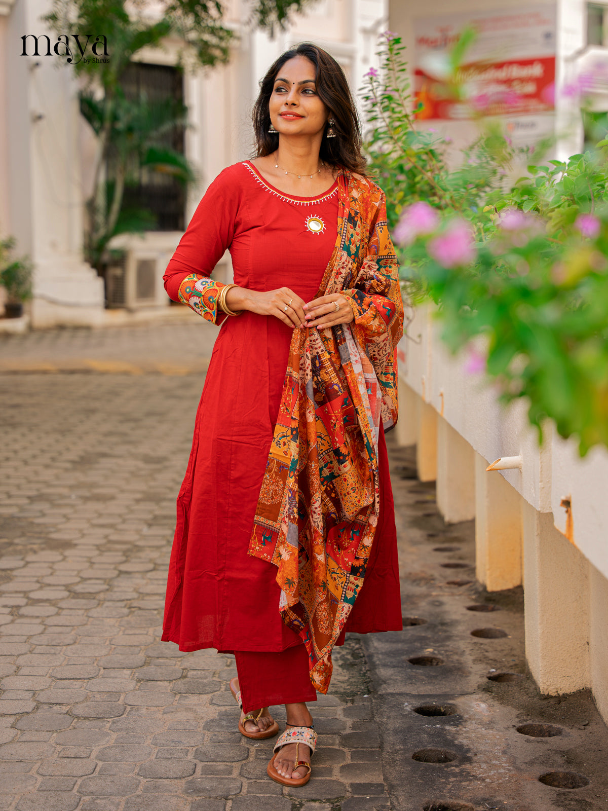 Stunning Red Cotton Salwar Kurta Set With Printed Dupatta