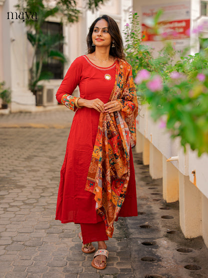 Stunning Red Cotton Salwar Kurta Set With Printed Dupatta