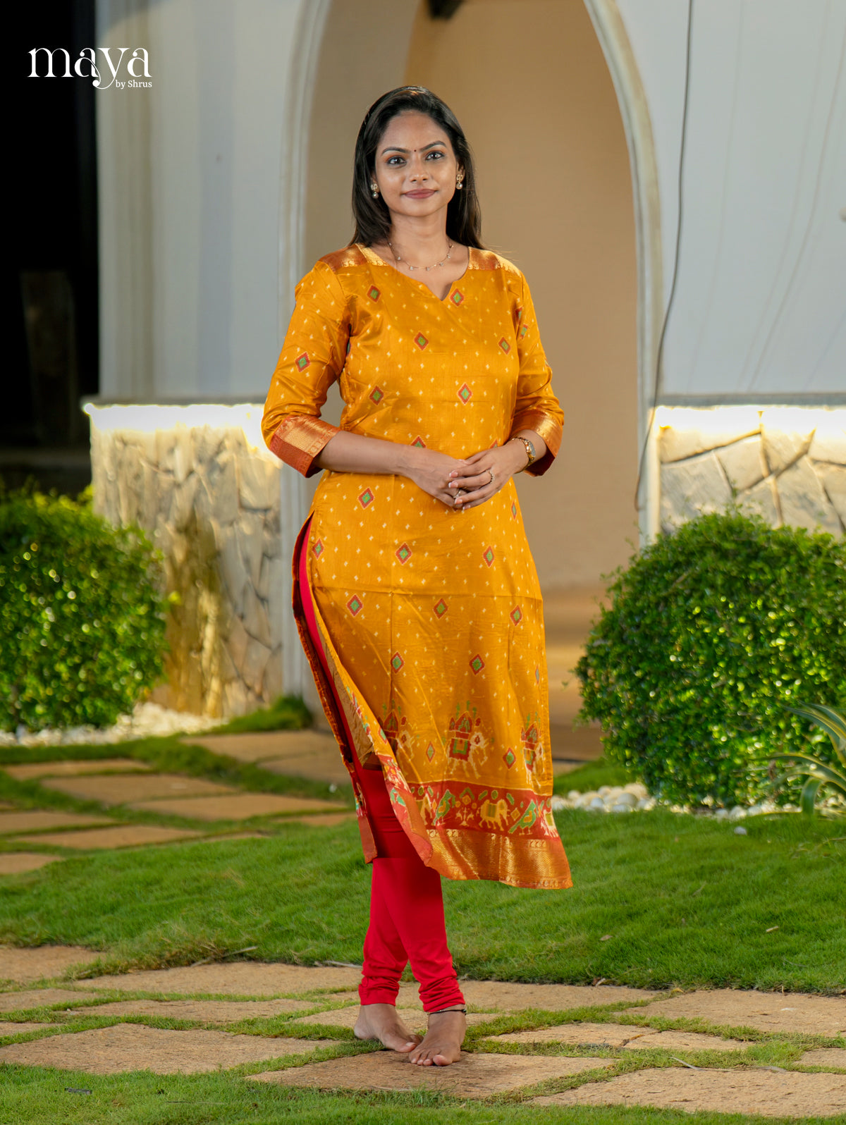 Luxurious Yellow Semi Patola Print Kurti with Silk Zari Border