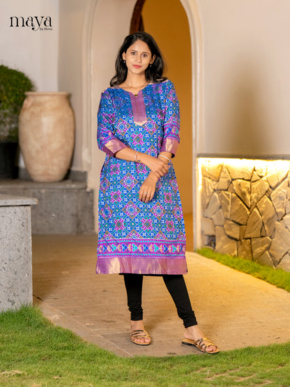 Exquisite Blue Patola Print Kurti with Silk Zari Border