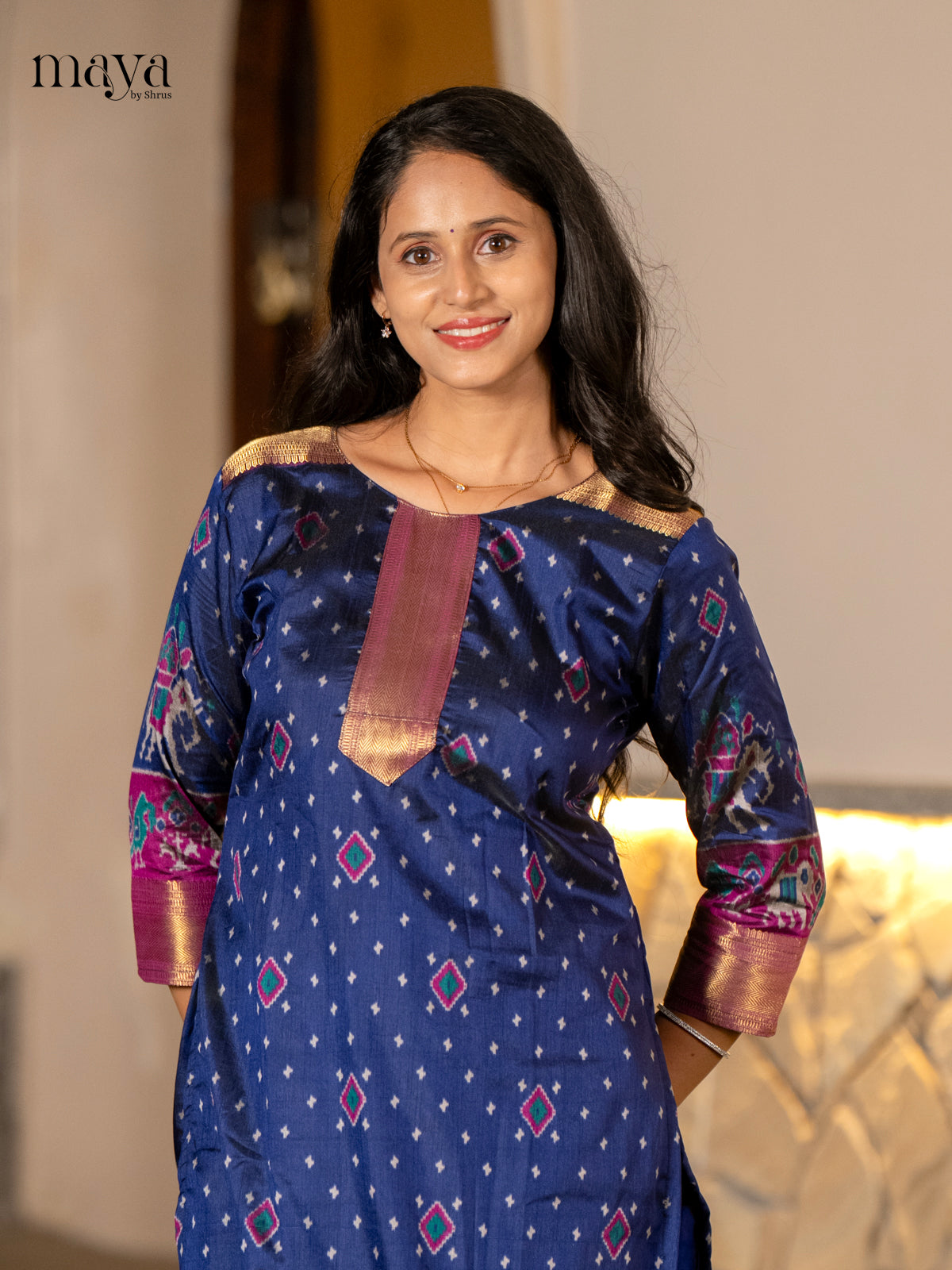 Classic Navy Blue Patola Print Kurti with Silk Zari Border