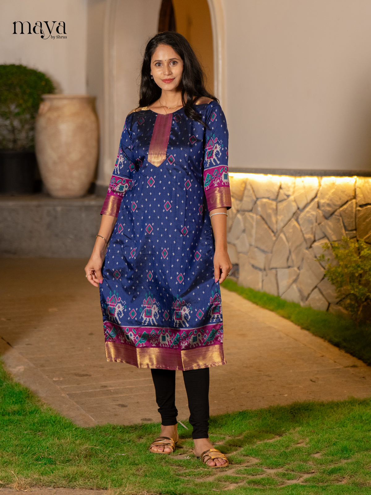 Classic Navy Blue Patola Print Kurti with Silk Zari Border