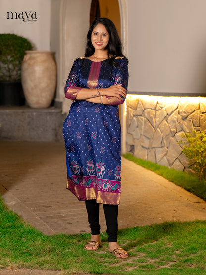 Classic Navy Blue Patola Print Kurti with Silk Zari Border