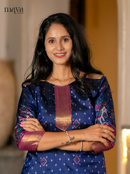 Classic Navy Blue Patola Print Kurti with Silk Zari Border