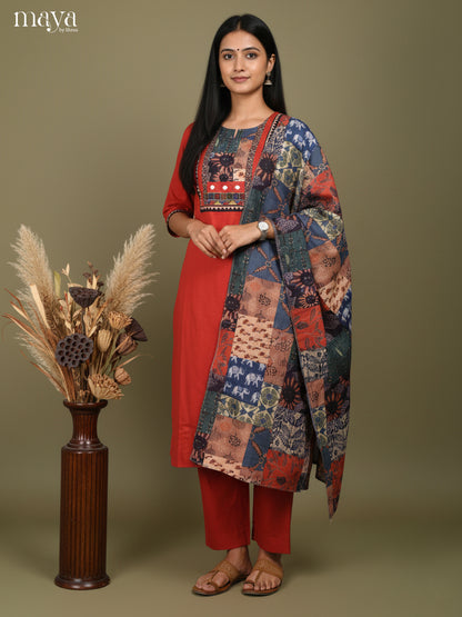 Red Readymade 3 Piece with printed Dupatta