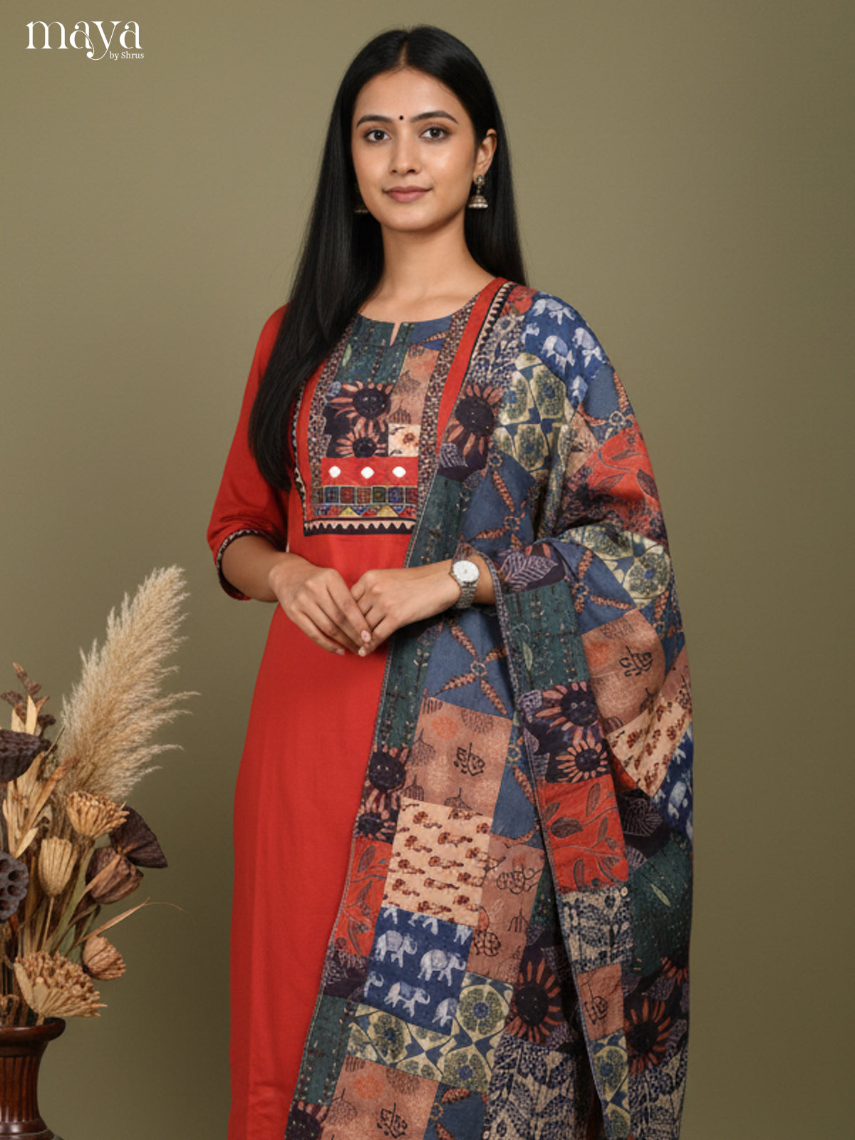 Red Readymade 3 Piece with printed Dupatta