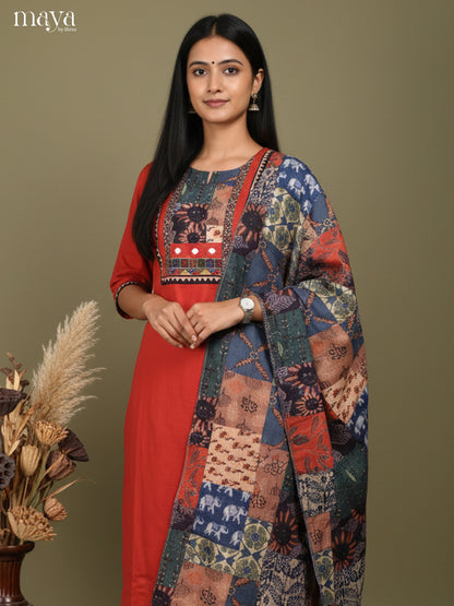 Red Readymade 3 Piece with printed Dupatta