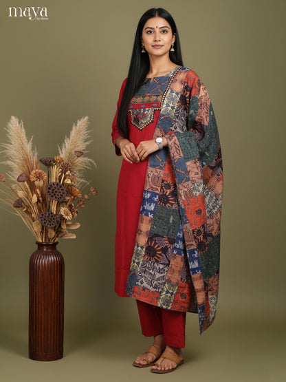 Red Readymade 3 Piece with printed dupatta & Neck Yoke