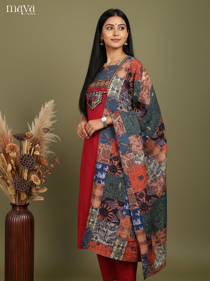 Red Readymade 3 Piece with printed dupatta & Neck Yoke