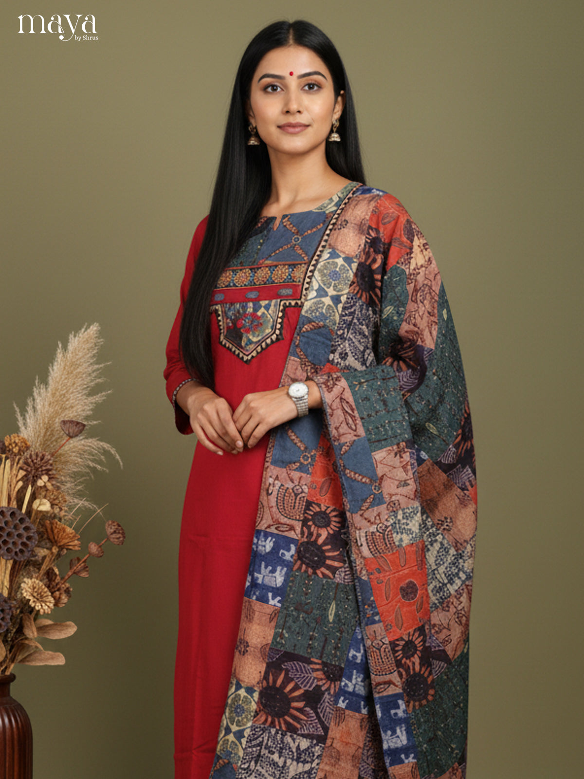 Red Readymade 3 Piece with printed dupatta & Neck Yoke