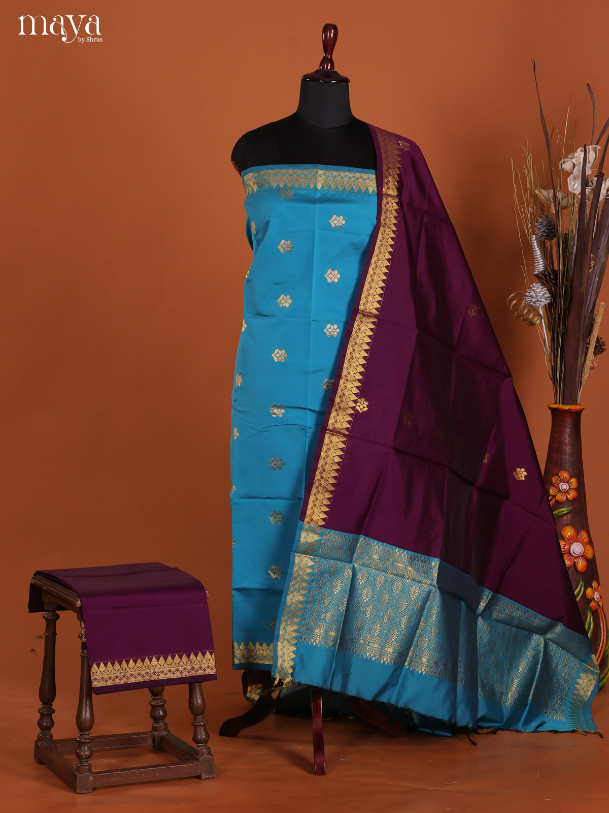 Comfy Blue Semi Soft Silk Salwar Suit With Violet Dupatta & Zari Border